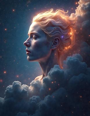 The primary subject of the image is a woman with blonde hair, who is the main focus of the scene. She is depicted in a digital art style, with a blue background and a cloudy sky. The woman's face is illuminated by a bright light, giving her a serene and peaceful appearance. The overall atmosphere of the image is calm and tranquil.